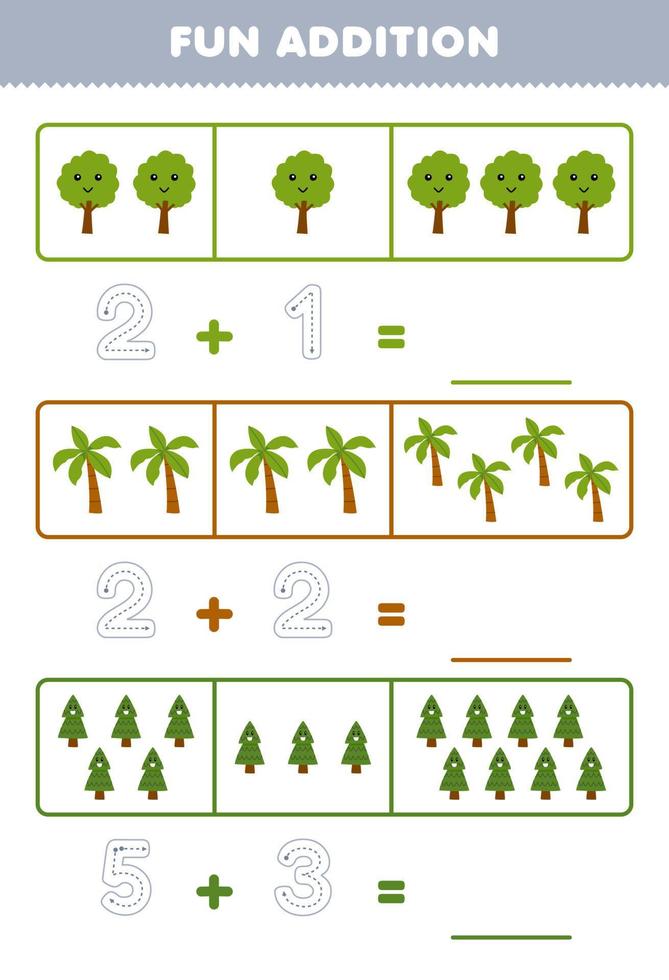 Education game for children fun addition by counting and tracing the number of cute cartoon tree printable nature worksheet vector