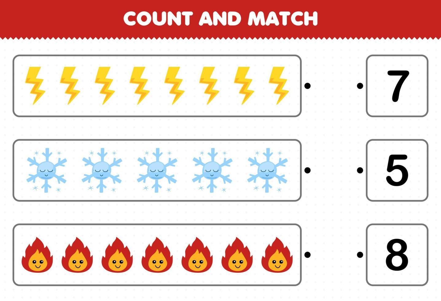 Education game for children count the number of cute cartoon thunder snowflake fire and match with the right numbers printable nature worksheet vector