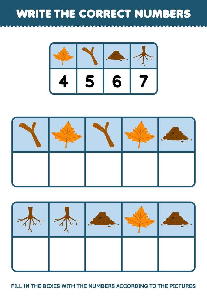 Education game for children write the right numbers in the box according to the cute maple leaf branch soil root pictures on the table printable nature worksheet vector
