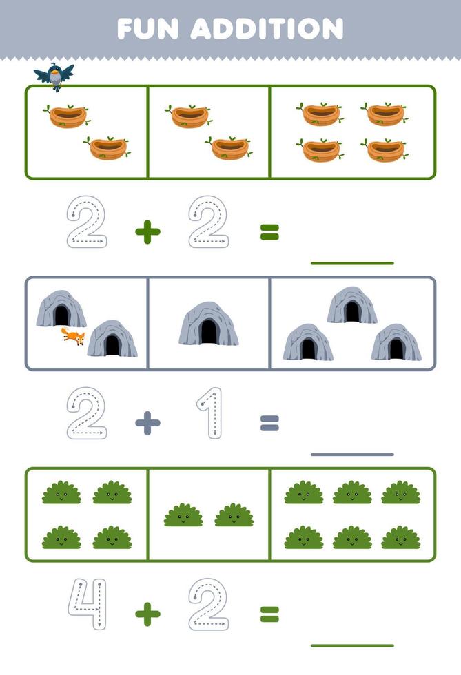 Education game for children fun addition by counting and tracing the number of cute cartoon bird nest cave bush printable nature worksheet vector