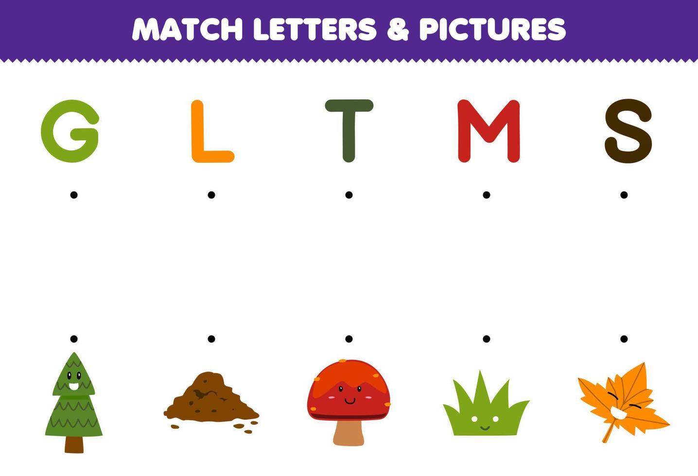 Education game for children match letters and pictures of cute cartoon tree soil mushroom grass leaf printable nature worksheet vector