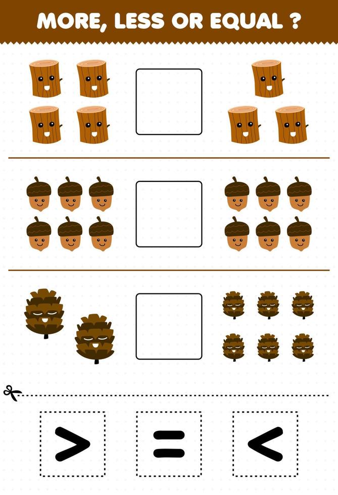 Education game for children count more less or equal of cartoon wood log acorn pinecone then cut and glue the correct sign nature worksheet vector