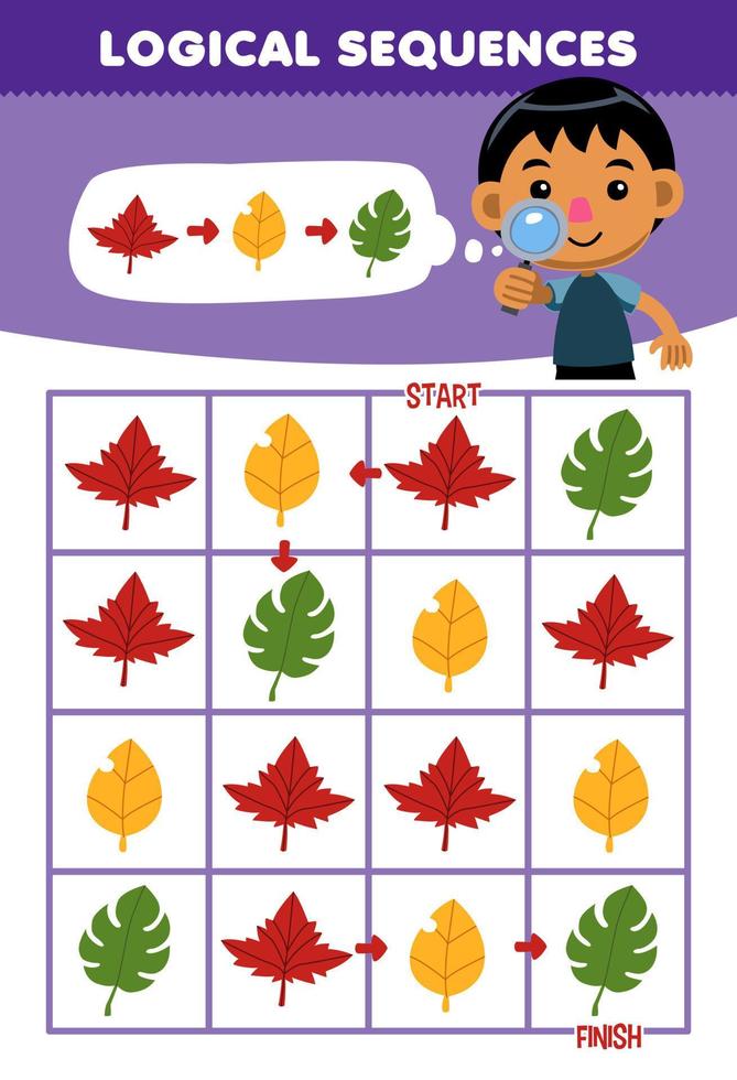 Education game for children logical sequence help cute cartoon boy sort leaf from start to finish printable nature worksheet vector