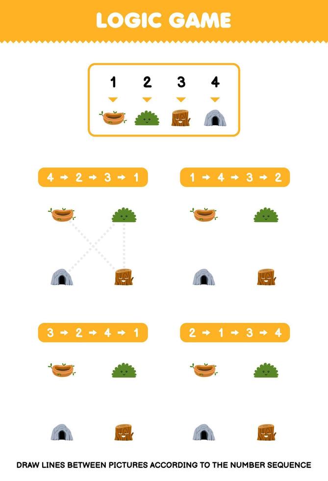 Education game for children draw lines according to the number sequences of cute cartoon nest bush wood log cave pictures printable nature worksheet vector