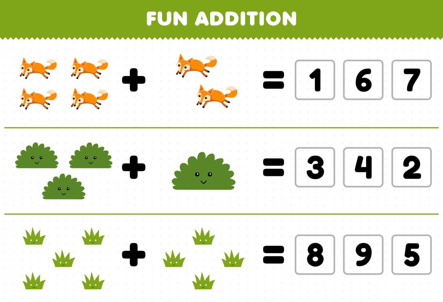 Education game for children fun addition by guess the correct number of cute cartoon fox bush grass printable nature worksheet vector