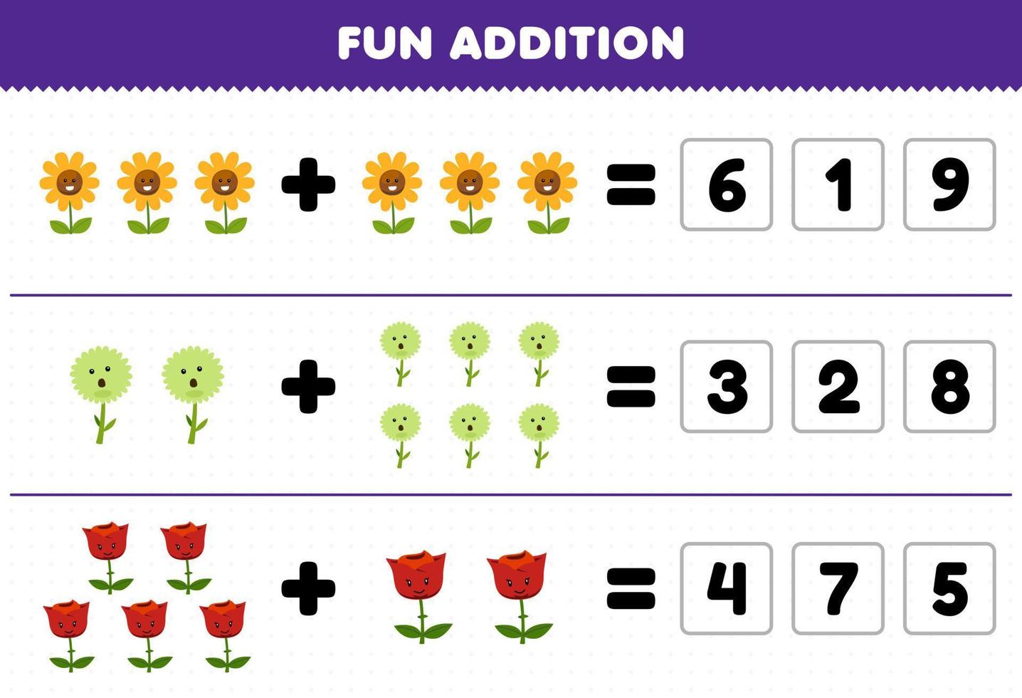 Education game for children fun addition by guess the correct number of cute cartoon flower printable nature worksheet vector