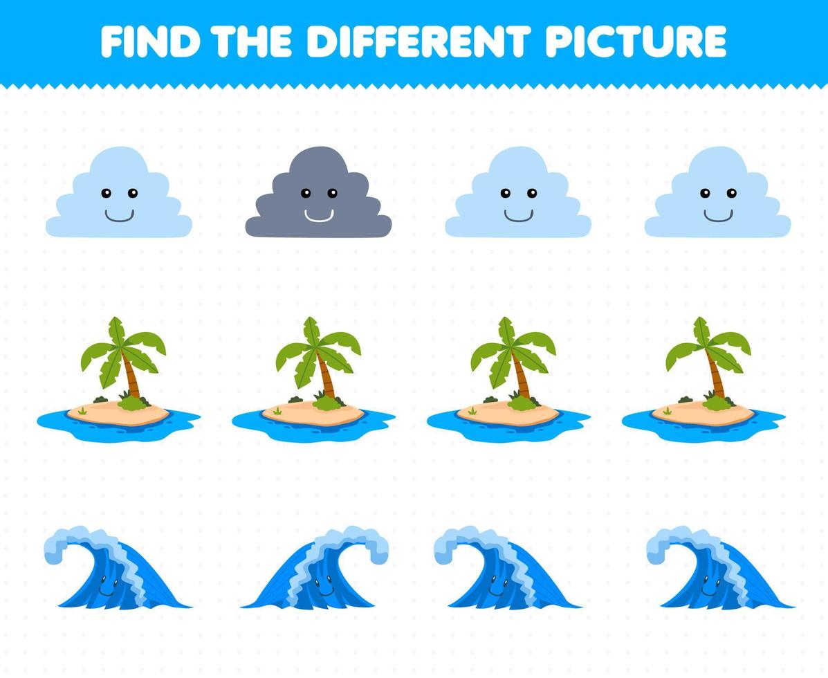 Education game for children find the different picture in each row of cute cartoon cloud island wave printable nature worksheet vector