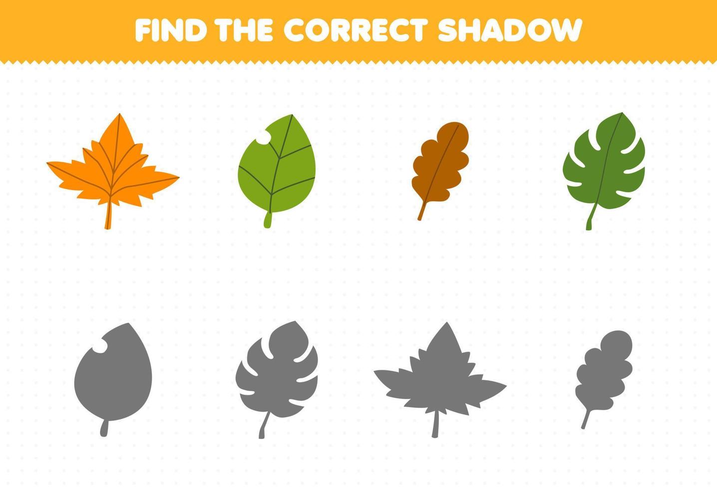 Education game for children find the correct shadow set of cute cartoon leaf printable nature worksheet vector