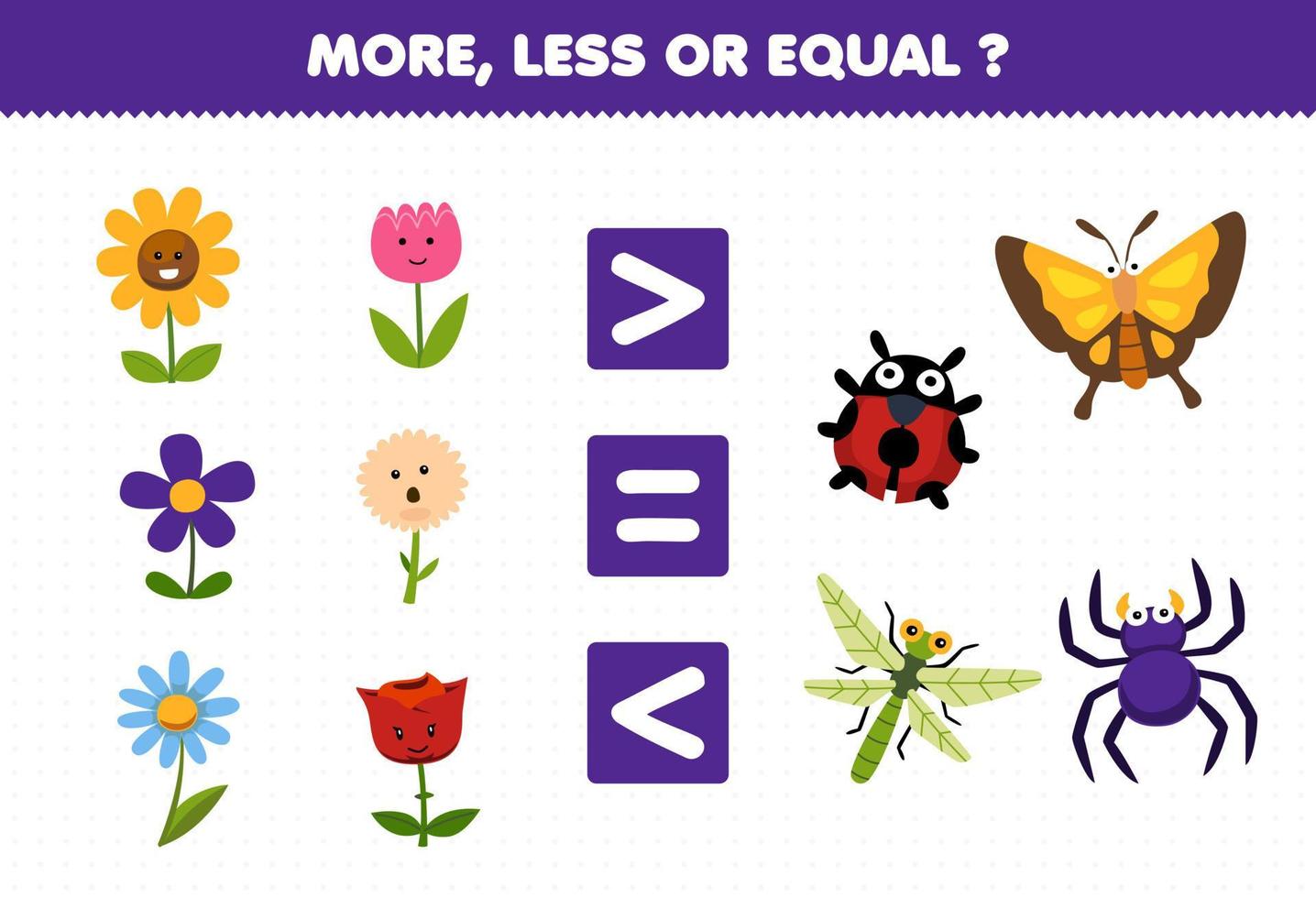 juego educativo para niños más menos o igual cuenta la cantidad de lindas flores de dibujos animados e insectos hoja de trabajo de naturaleza imprimible vector