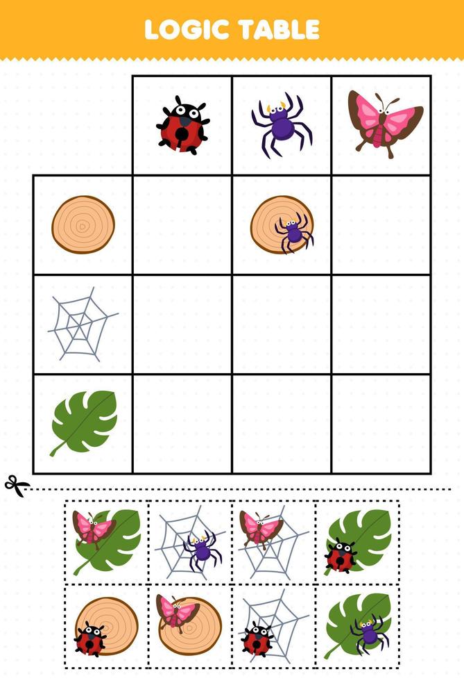 Education game for children logic table cartoon ladybug spider butterfly match with wood web or leaf printable nature worksheet vector