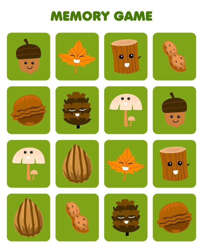 Education game for children memory to find similar pictures of cute cartoon acorn maple leaf wood log peanut pinecone mushroom printable nature worksheet vector