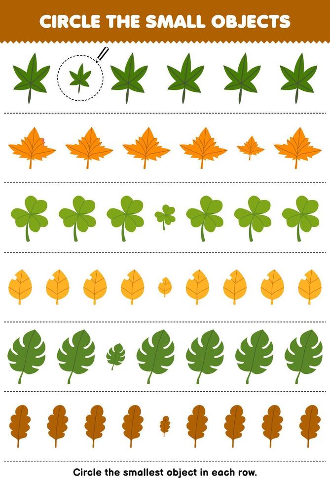 Education game for children circle the smallest object in each row of cute cartoon leaf printable nature worksheet vector