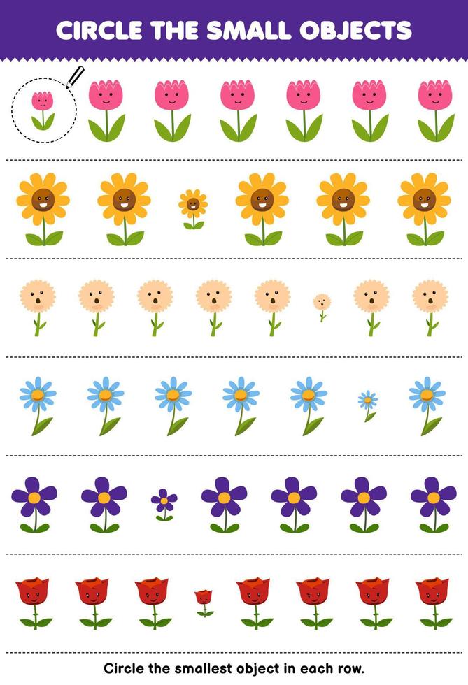 Education game for children circle the smallest object in each row of cute cartoon flower printable nature worksheet vector