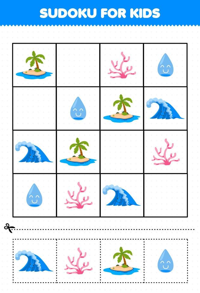 juego educativo para niños sudoku para niños con dibujos animados lindo ola isla de coral hoja de trabajo de naturaleza imprimible de agua vector