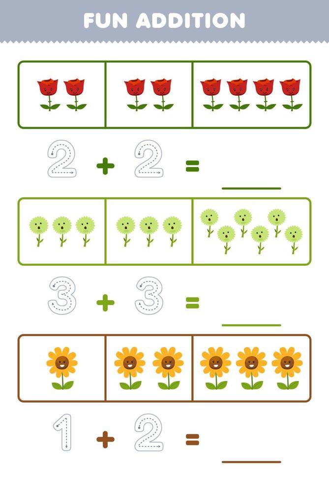 Education game for children fun addition by counting and tracing the number of cute cartoon flower printable nature worksheet vector