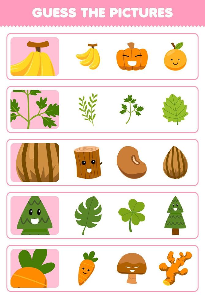 juego educativo para niños adivinar las imágenes correctas de dibujos animados lindo hoja de plátano frijol árbol zanahoria hoja de trabajo de naturaleza imprimible vector