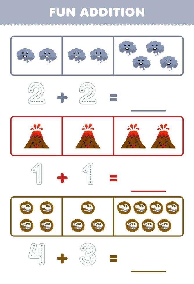 juego educativo para niños divertido además contando y rastreando el número de hoja de trabajo de naturaleza imprimible fósil de volcán de humo de dibujos animados lindo vector