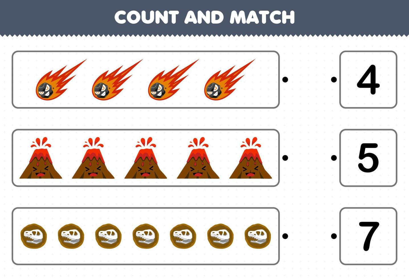 juego educativo para niños cuente el número de fósiles de volcanes de meteoritos de dibujos animados lindos y combine con los números correctos hoja de trabajo de naturaleza imprimible vector