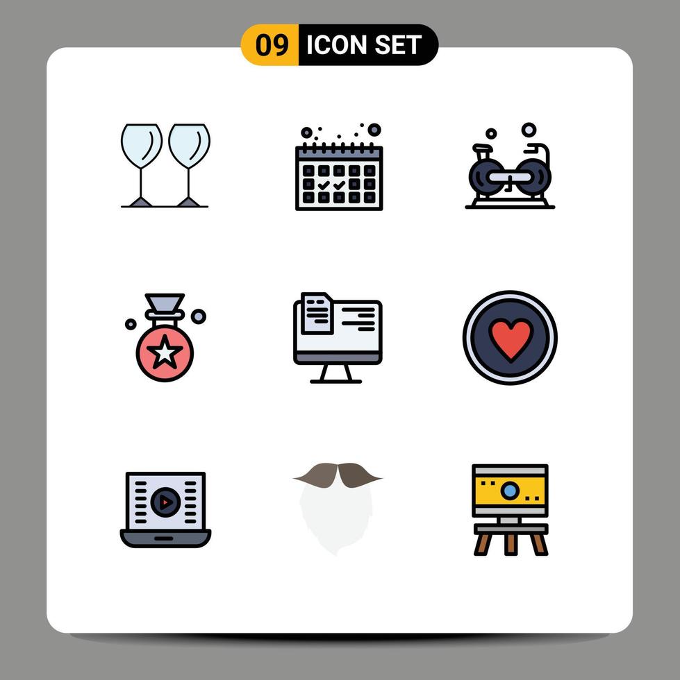 Pack of 9 creative Filledline Flat Colors of file price exercise badge star Editable Vector Design Elements