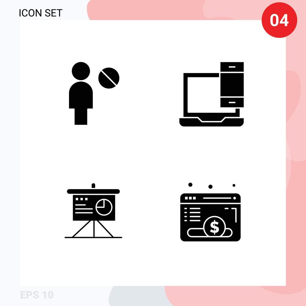 4 símbolos de signos de glifos sólidos universales de elementos de diseño vectorial editables de macbook de computadora de análisis de usuario vector