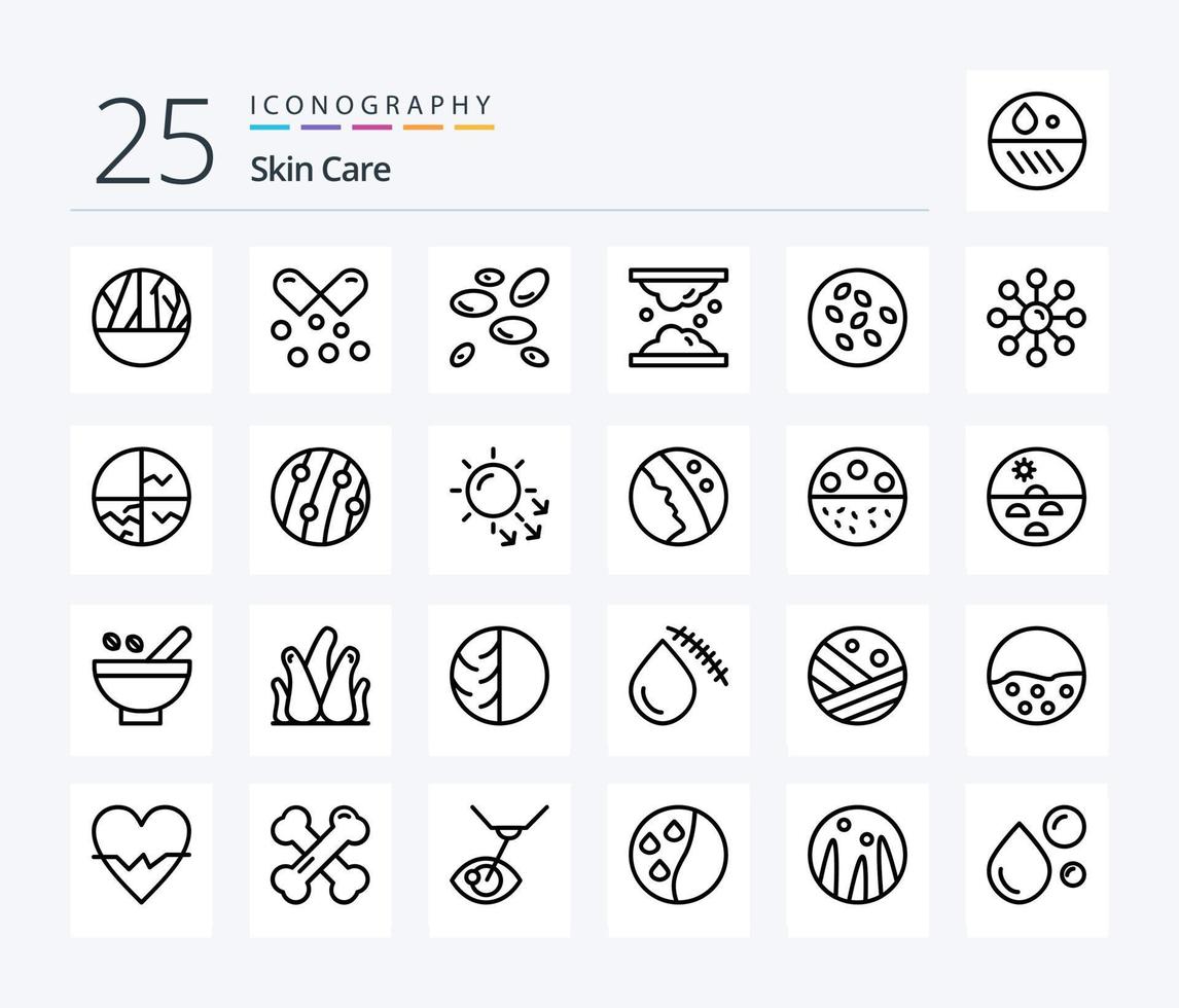 paquete de iconos de 25 líneas de piel que incluye cuidado de la piel. lípido pastillas omega dermatología. glóbulos blancos vector