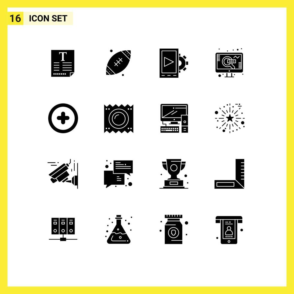 Group of 16 Modern Solid Glyphs Set for plus media mobile search seo Editable Vector Design Elements