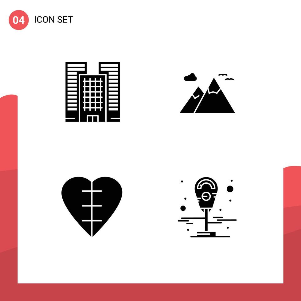 4 Universal Solid Glyph Signs Symbols of building human heart mountains travel machine Editable Vector Design Elements