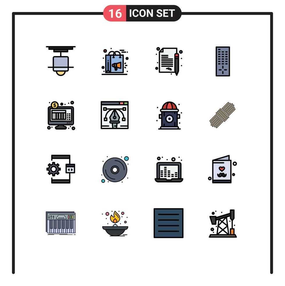 grupo de 16 líneas rellenas de color plano, signos y símbolos para el contrato de control de compras remotas bancarias, elementos de diseño de vectores creativos editables