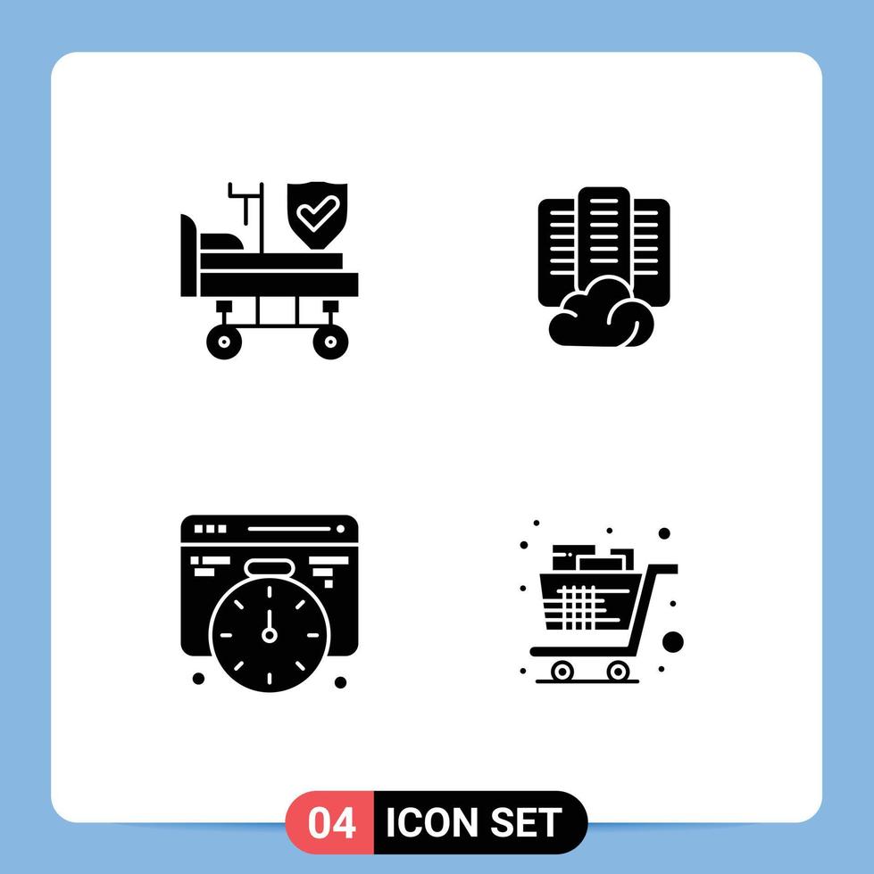 Universal Icon Symbols Group of 4 Modern Solid Glyphs of bed web insurance data cart Editable Vector Design Elements