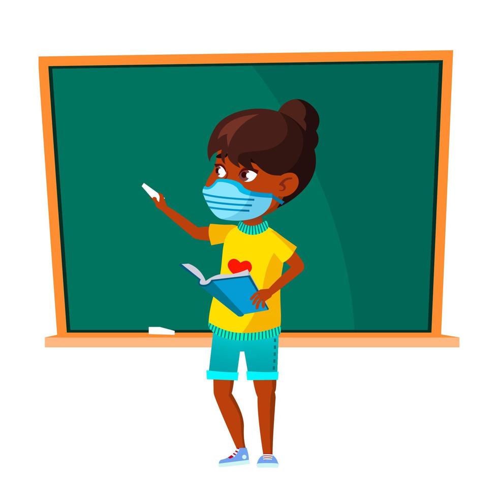 School Girl Wearing Facial Mask At Lesson Vector