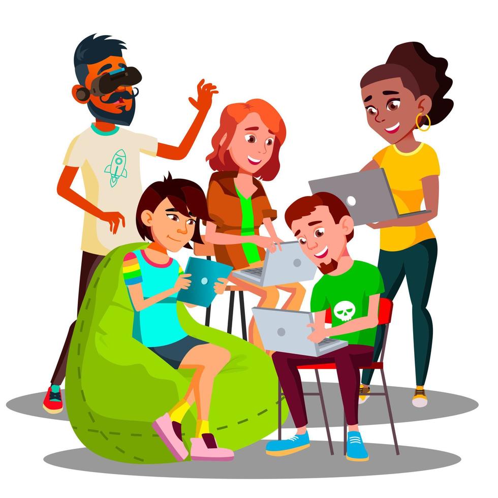 Sitting Students With Laptops And Smartphones In Wi-Fi Zone Vector. Isolated Illustration vector