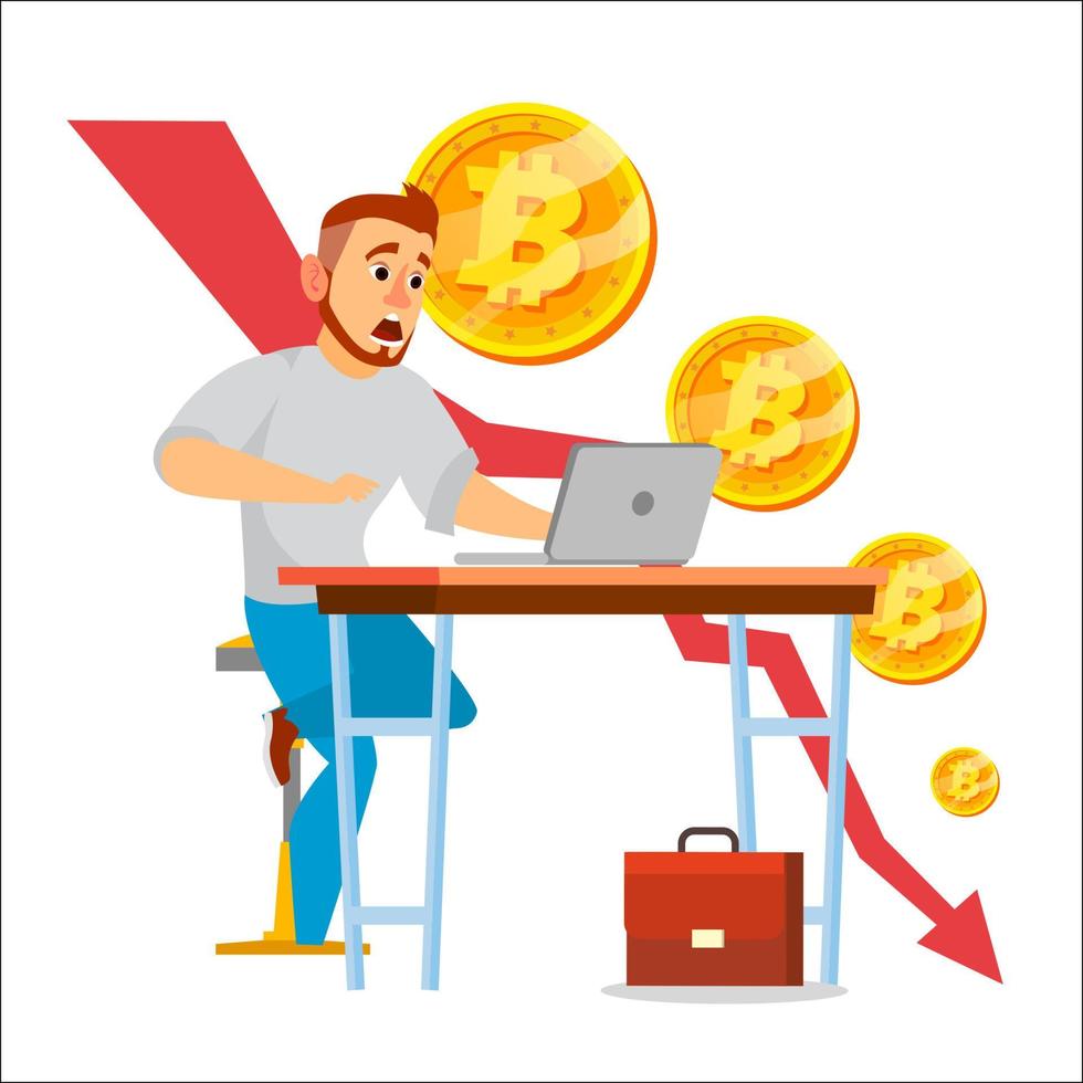 Bitcoin Crash Graph Vector. Bitcoin Crypto Currency Market Concept. Surprised Investor. Negative Growth Exchange Trading. Collapse Of Crypto currency. Annoyance, Panic. Flat Cartoon Illustration vector