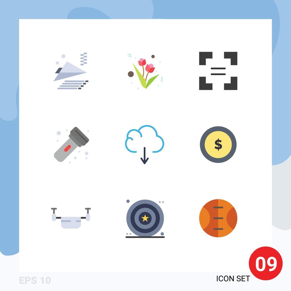 Universal Icon Symbols Group of 9 Modern Flat Colors of coin download equal data torch Editable Vector Design Elements