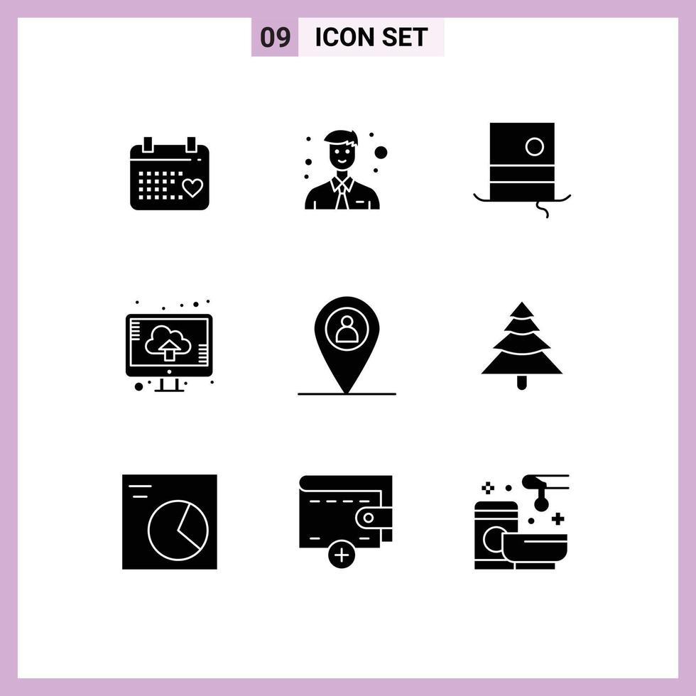 Group of 9 Solid Glyphs Signs and Symbols for man location hat upload computer Editable Vector Design Elements