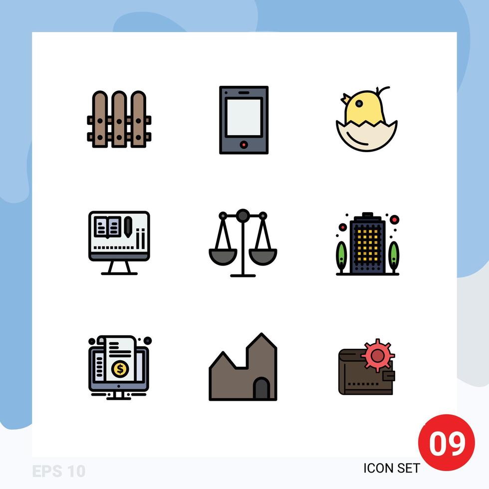 Pack of 9 Modern Filledline Flat Colors Signs and Symbols for Web Print Media such as apartment justice easter balance book Editable Vector Design Elements