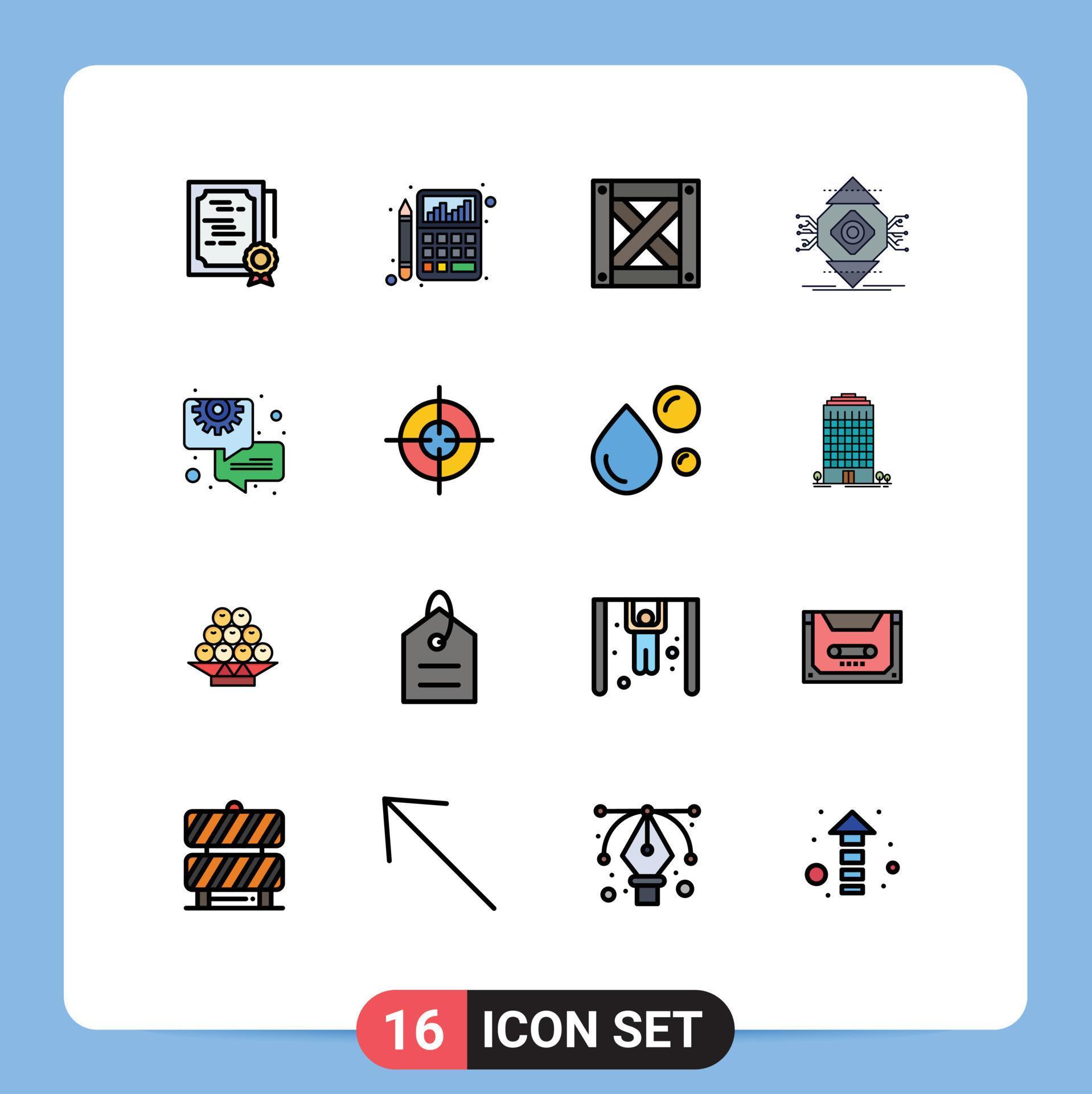 Universal Icon Symbols Group of 16 Modern Flat Color Filled Lines of 