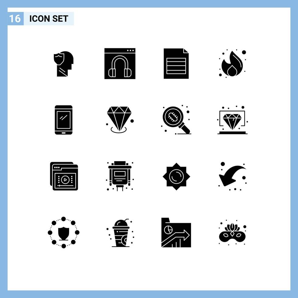 Group of 16 Modern Solid Glyphs Set for seo marketing help fire table Editable Vector Design Elements