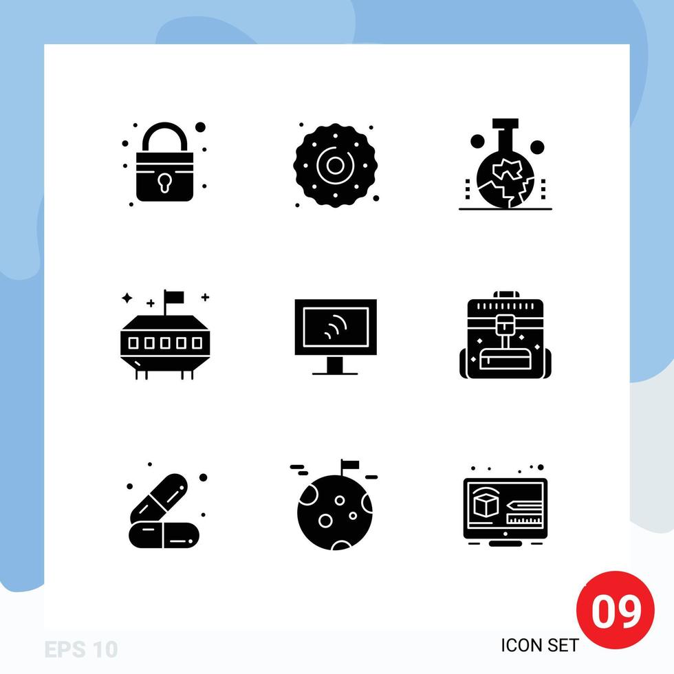 Set of 9 Commercial Solid Glyphs pack for briefcase wifi geology computer space Editable Vector Design Elements