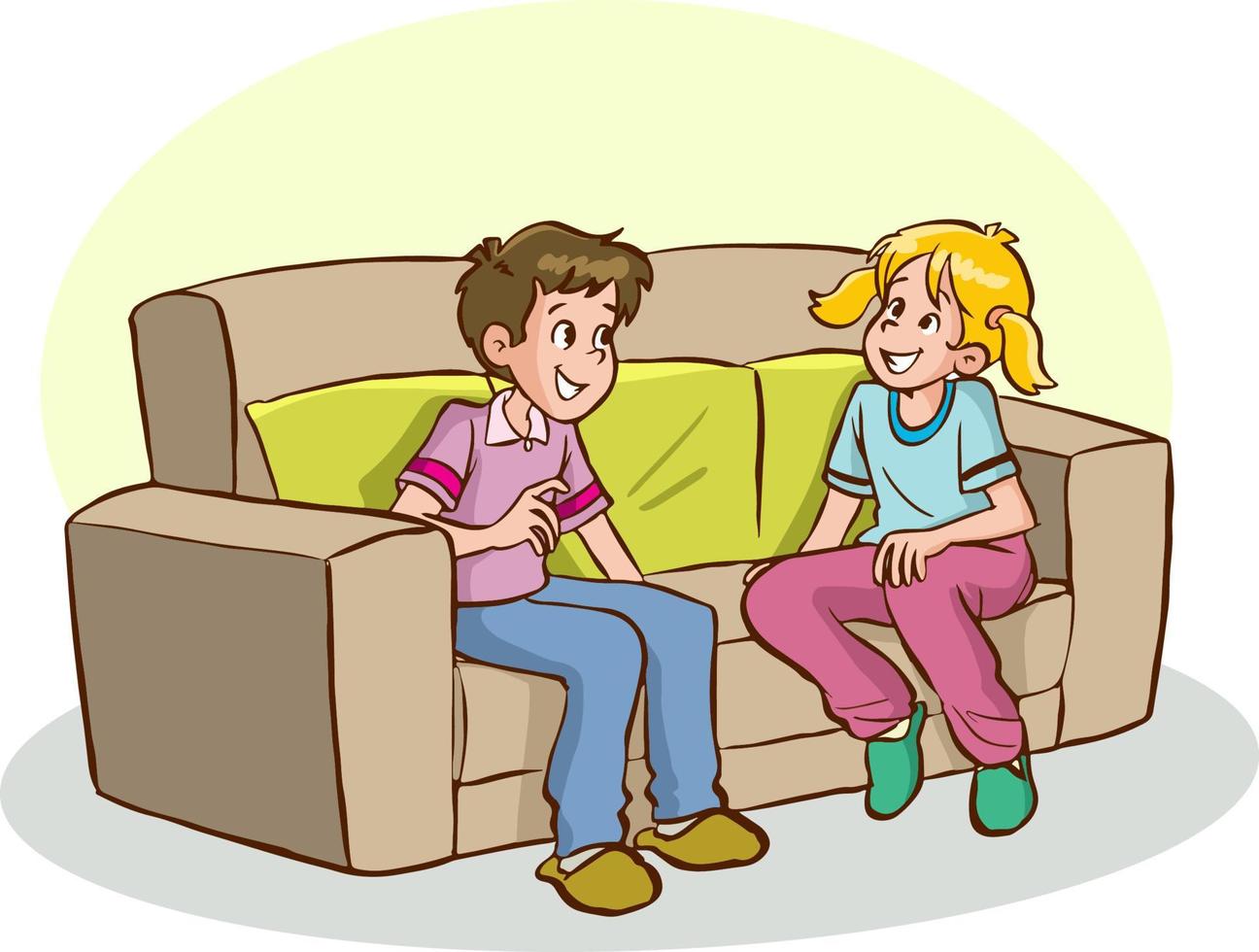 kids sitting on sofa and talking cartoon vector