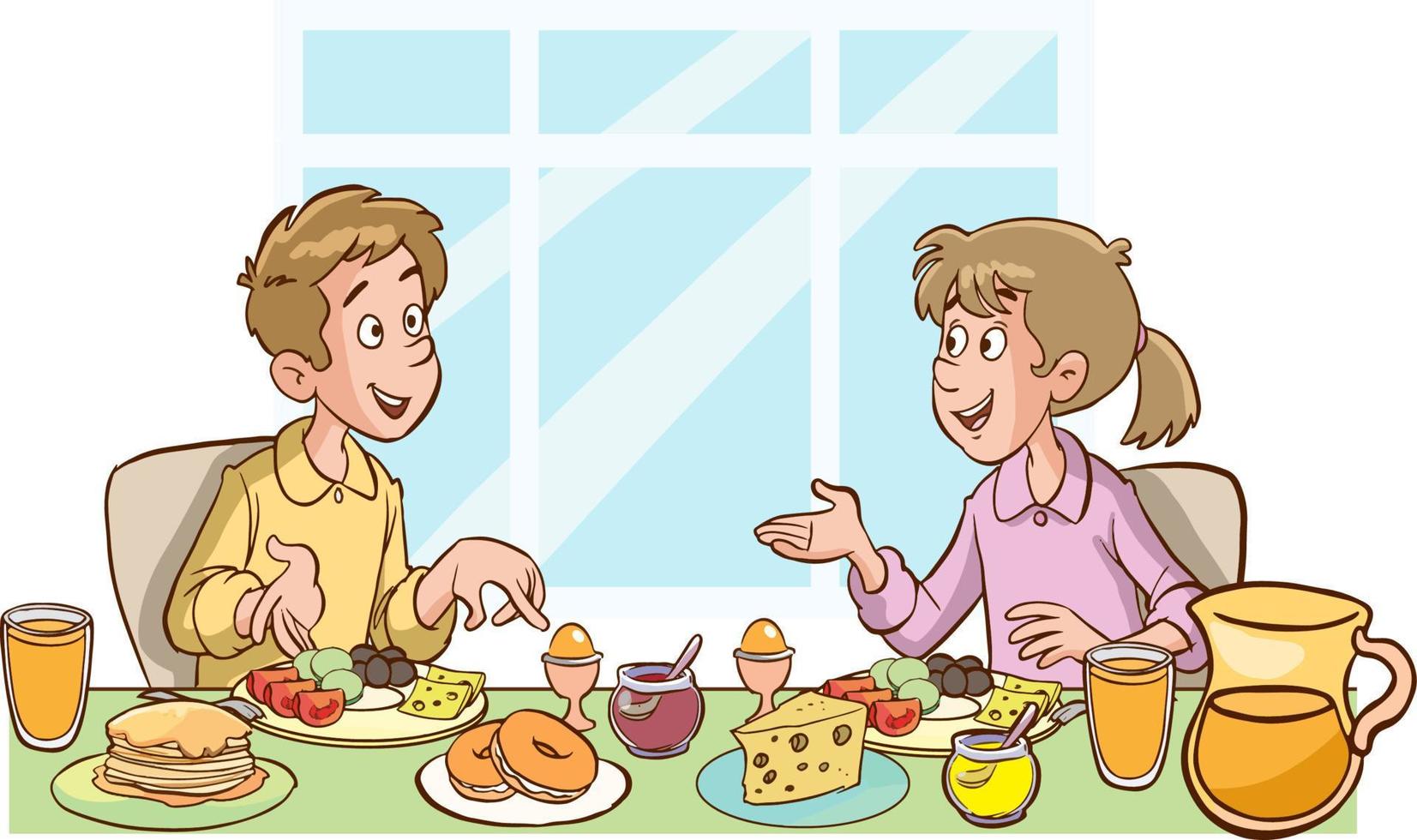 Happy kids having breakfast by themselves. Child nutrition concept. cartoon Vector illustration