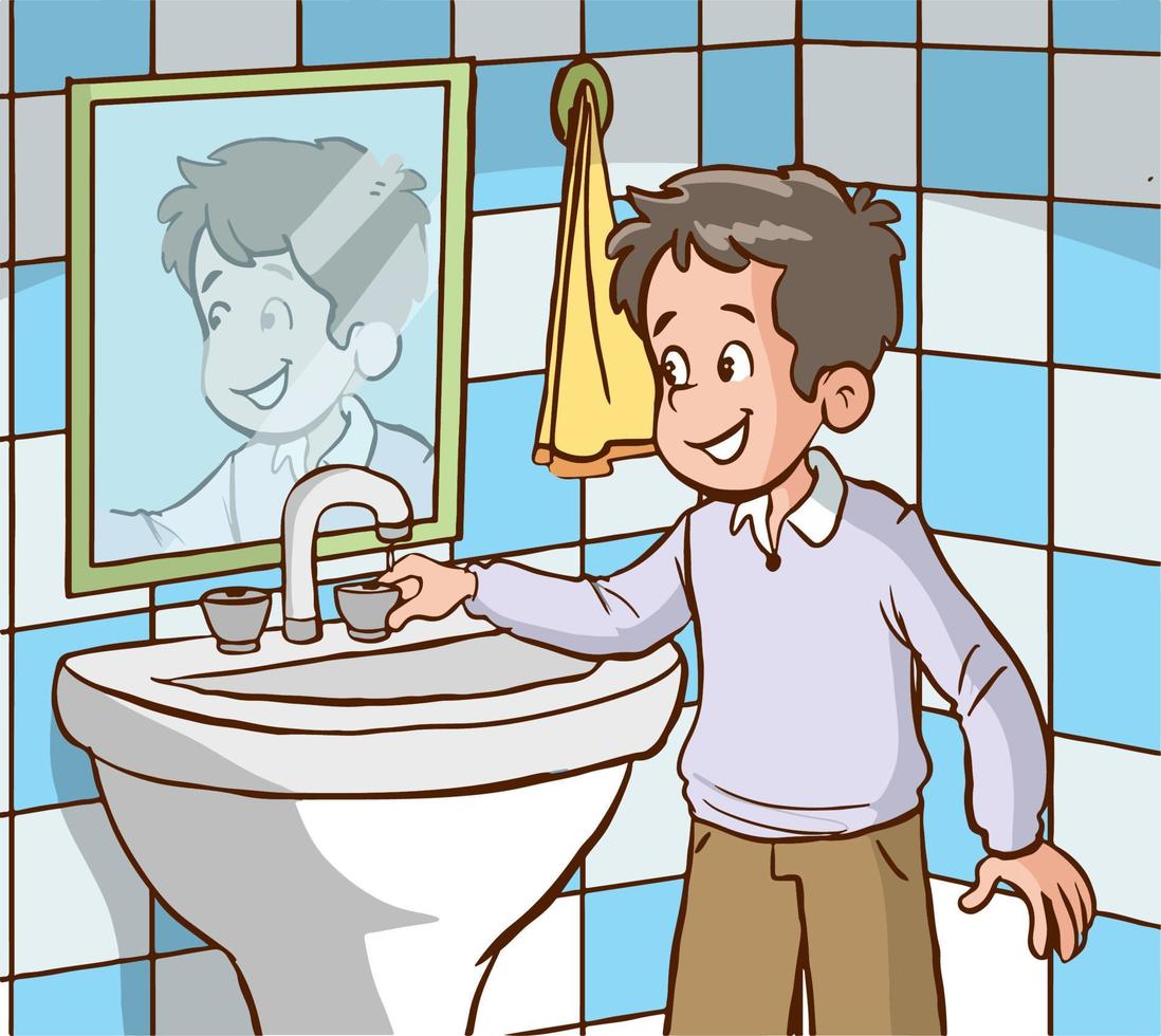 boy turning off the tap in the bathroom cartoon vector