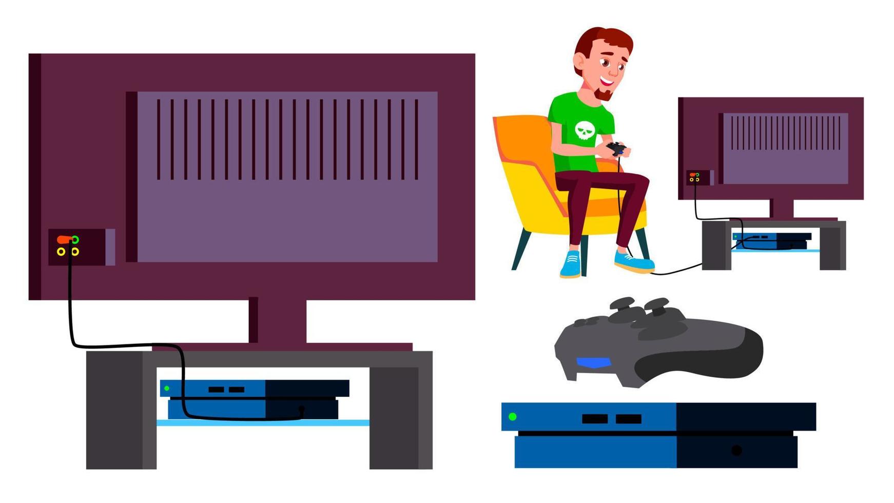 Video Game Console Vector. Teen Playing. Modern Plasma. Pad Controller. Addiction. Isolated Cartoon Illustration vector