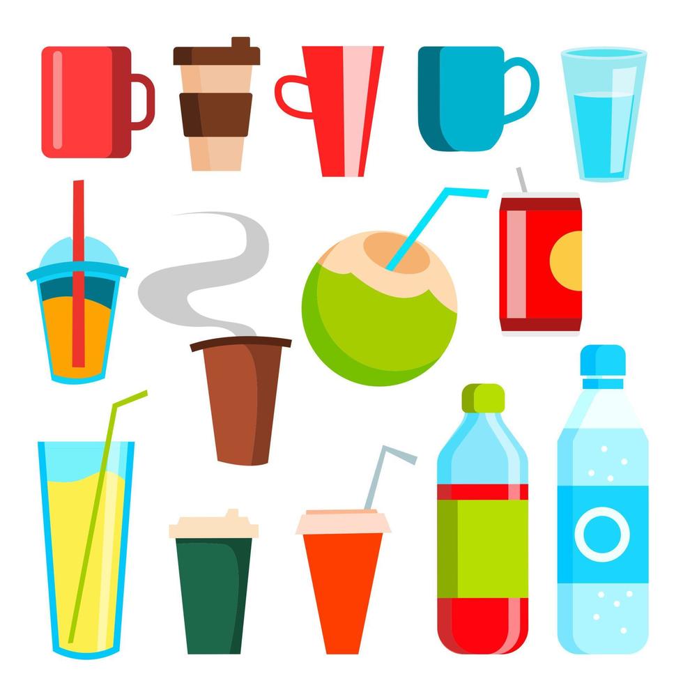 beber iconos vectoriales. refrescos, comida rápida, café, cóctel. taza, bebida embotellada, jugo de vitaminas, espumoso. suave y energético. ilustración de dibujos animados aislados vector