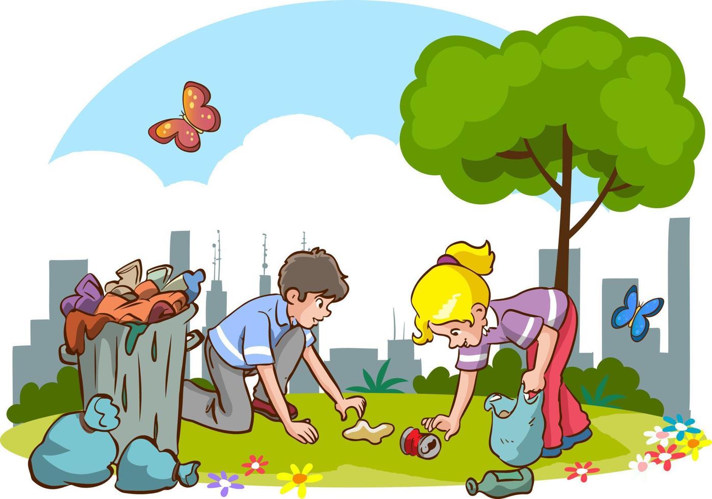 niños limpiando el medio ambiente del vector de dibujos animados de basura