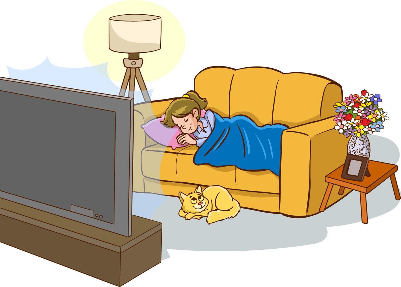 children sleeping on sofa in front of tv cartoon vector 17573344 Vector