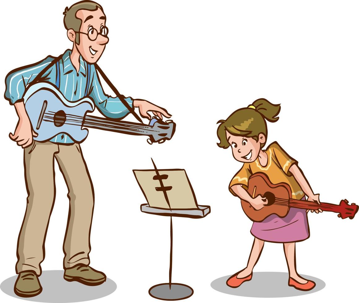 girl learning to play guitar and music teachercartoon vector