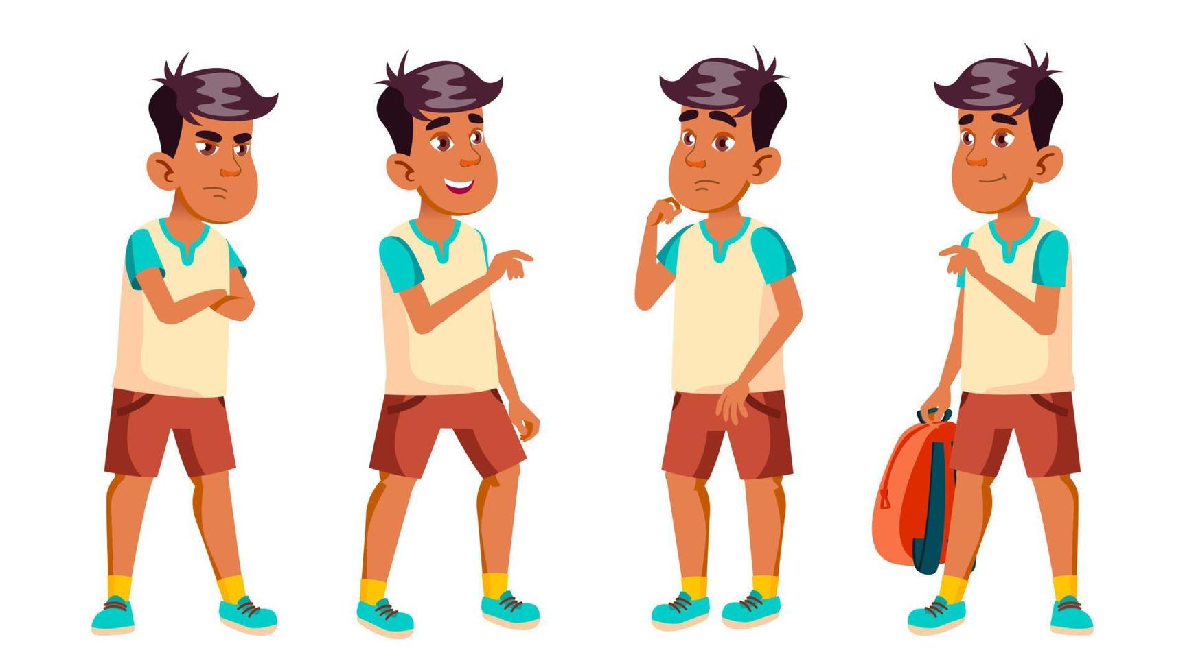 Arab, Muslim Boy Schoolboy Kid Poses Set Vector. High School Child. Clever, Studying. For Postcard, Announcement, Cover Design. Isolated Cartoon Illustration vector