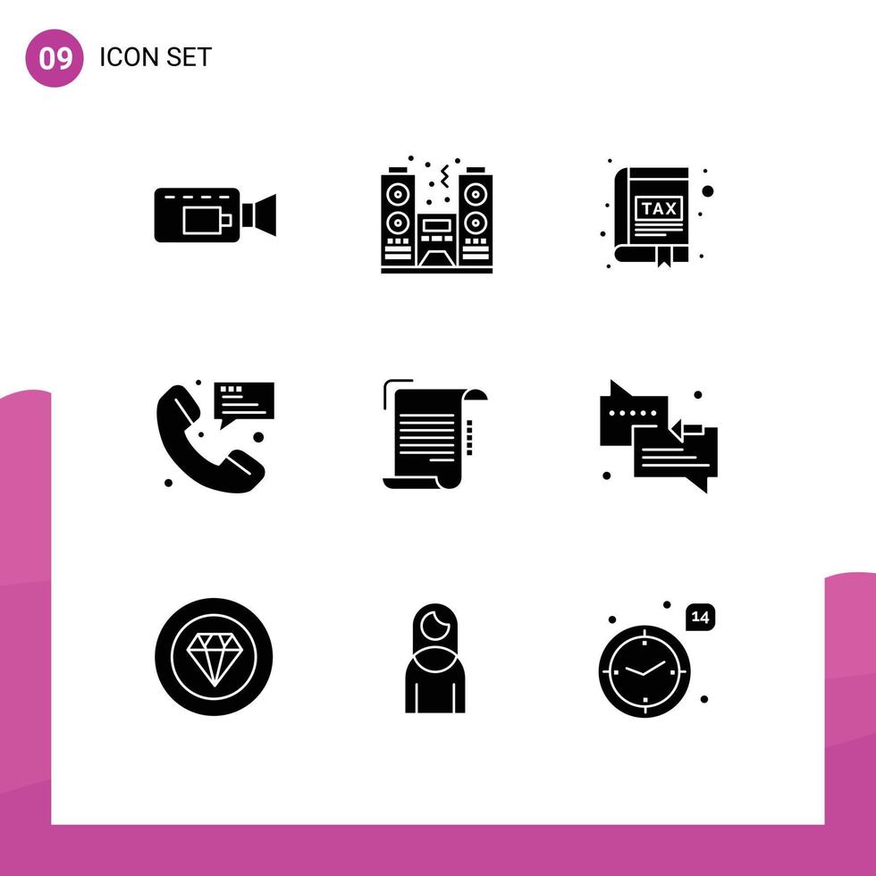 9 Universal Solid Glyph Signs Symbols of document communication book message call Editable Vector Design Elements
