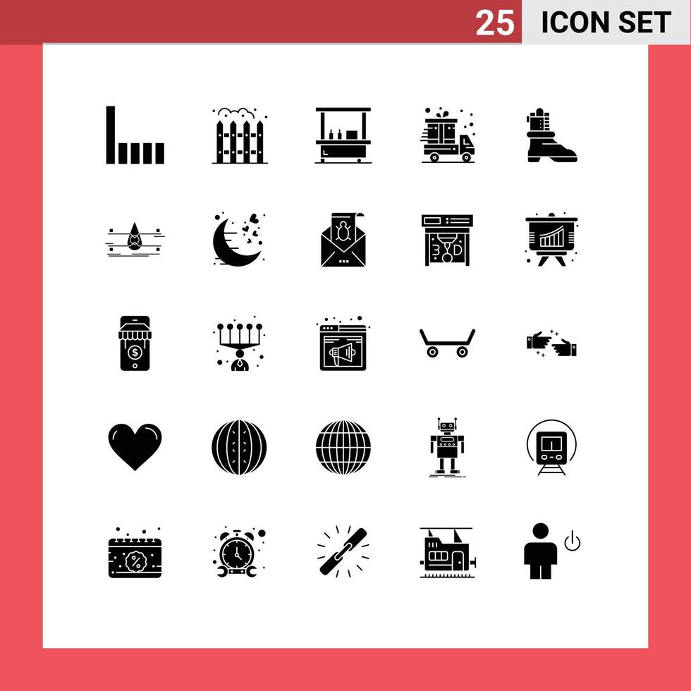 Group of 25 Solid Glyphs Signs and Symbols for monitoring american park boot delivery truck Editable Vector Design Elements
