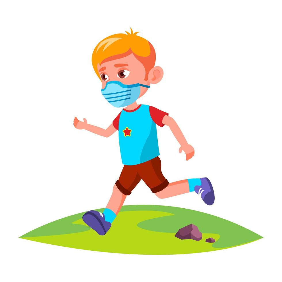 Boy Kid Wearing Facial Mask Running In Park Vector